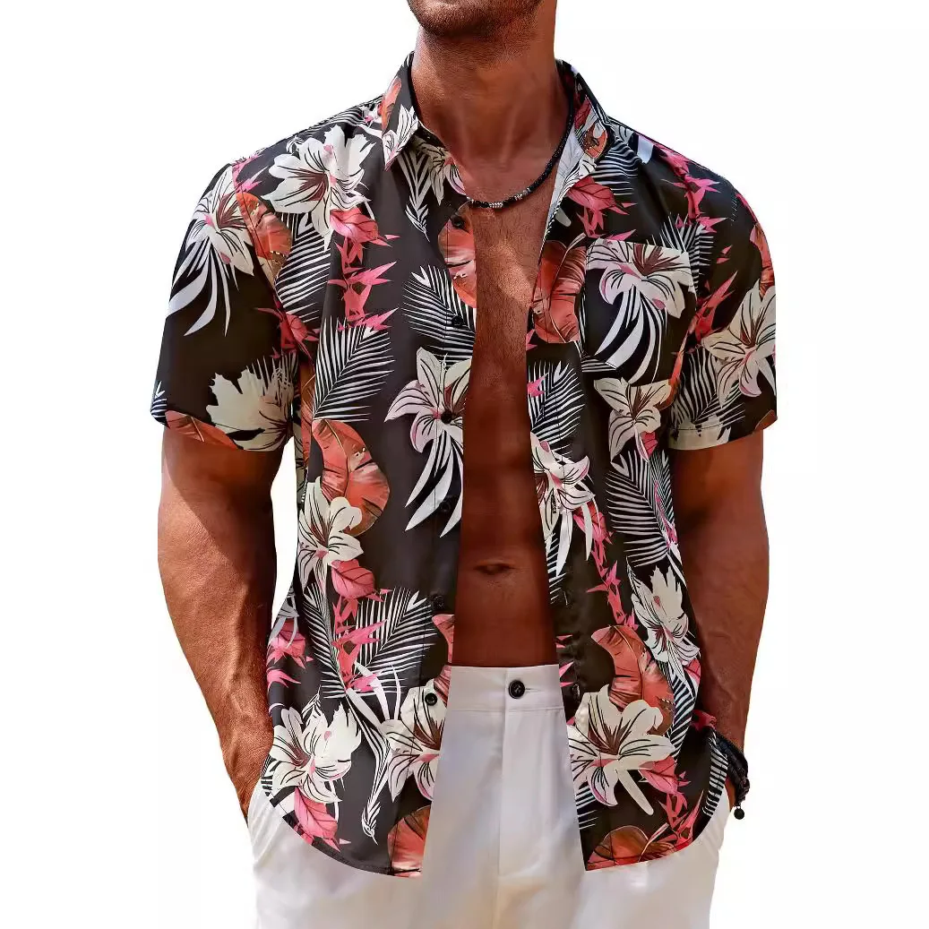 2025 Summer Short Sleeved Shirt, Casual Button Up Collar Top, Loose Digital Printed Shirt, Trendy Vacation Men's Clothing