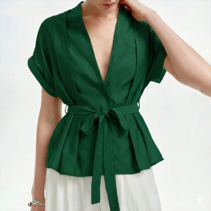 UOOZEE 2026 New Summer Tie Waist Pleated Tops For Women Short Sleeves Deep  V-Neck Loose Fit Office Ladies Commute Blouses view 4