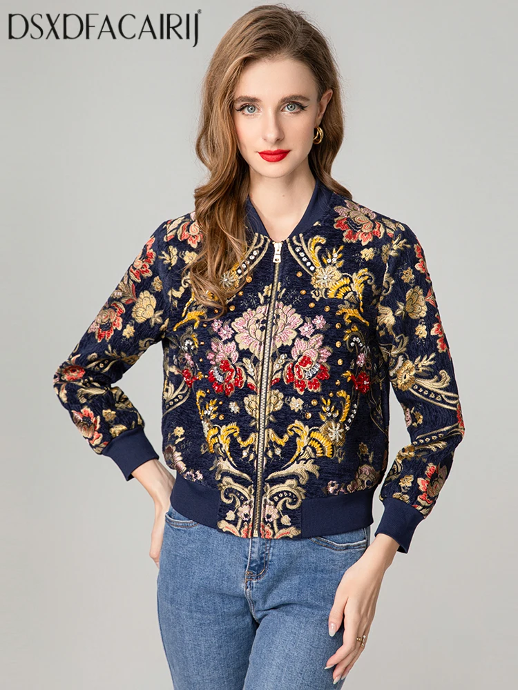 

DSFACAIRIJ Women's O-Neck Long-Sleeved Beaded Jacquard Jacket with Pockets Indie Folk Style Early Autumn Fashion for Females