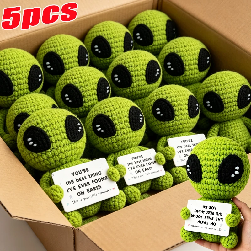 Funny Romantic Crochet Alien Plush Handmade Amigurumi with Affirmation Card Sweet Reassuring Gift for Best Friend Couple Him Her