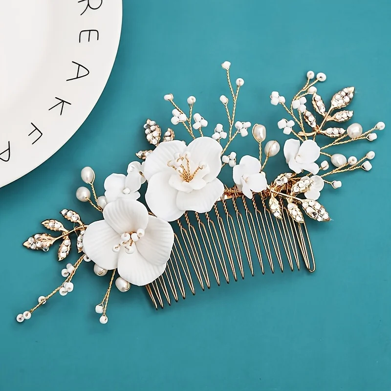 Ceramic Flower Women Hair Comb Handmade Bridesmaids Gifts Wedding Bride Comb Elegant Bridal Tiaras Accessories Fashion Jewelry