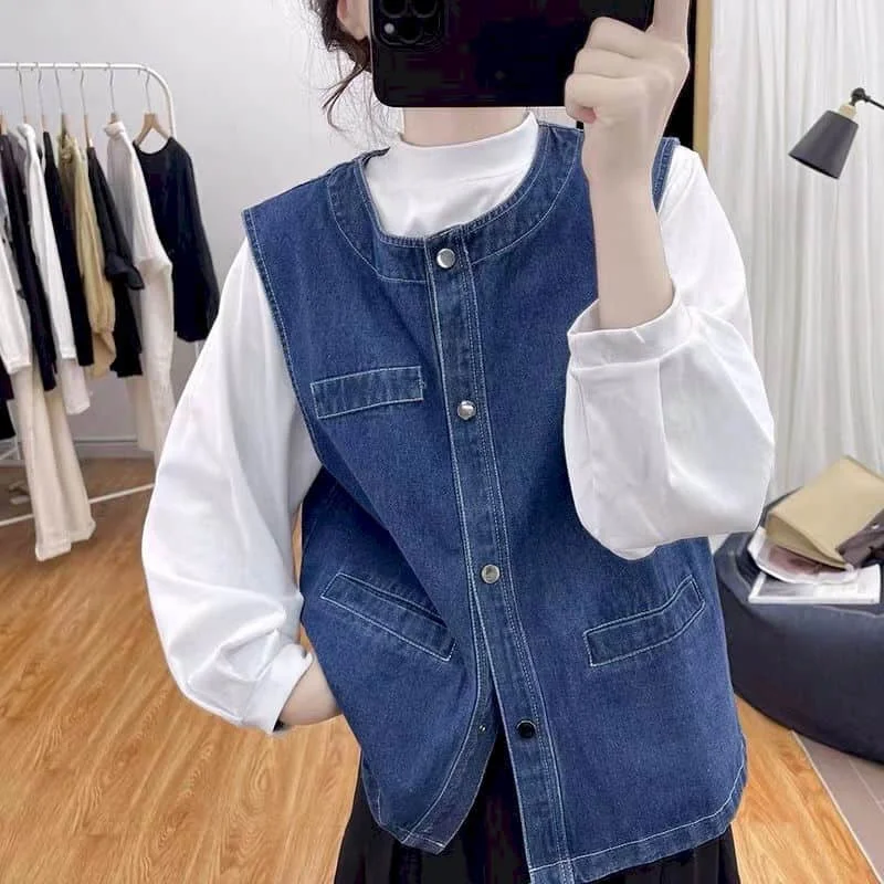 

Denim Vest for Women O-neck Waistcoats Aesthetic Casual Cardigans Korean Style Oversized Sleeveless Cropped Coats Women Clothing