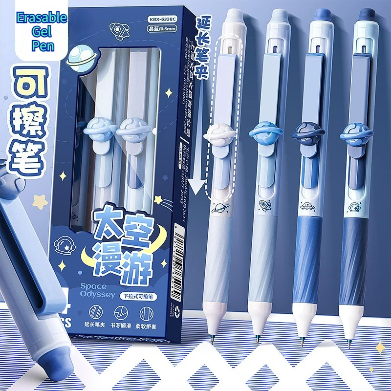 

4Pcs kawaii Erasable Gel Pens With Eraser Blue Black Ink 0.5mm nib quick drying Writing Pens school office Stationery Supplies