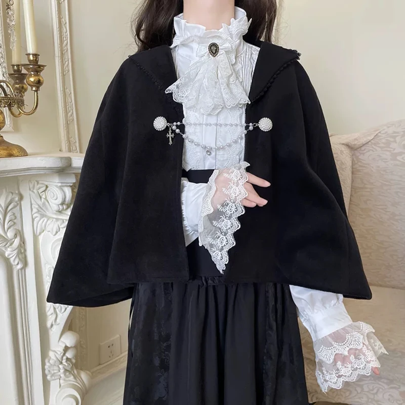 RORORIRI Splice Lace Shirt Skirt Women 3-piece Set Pearl Chain Cape Pleated Blouse Top Ribbon Long Skirt Gothic Lolita Clothes