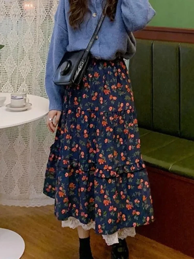 Women Skirts Vintage Lace Patchwork Floral Printed Stretch High Waist Autumn Fashion Elegant Sweet Long Skirt Female