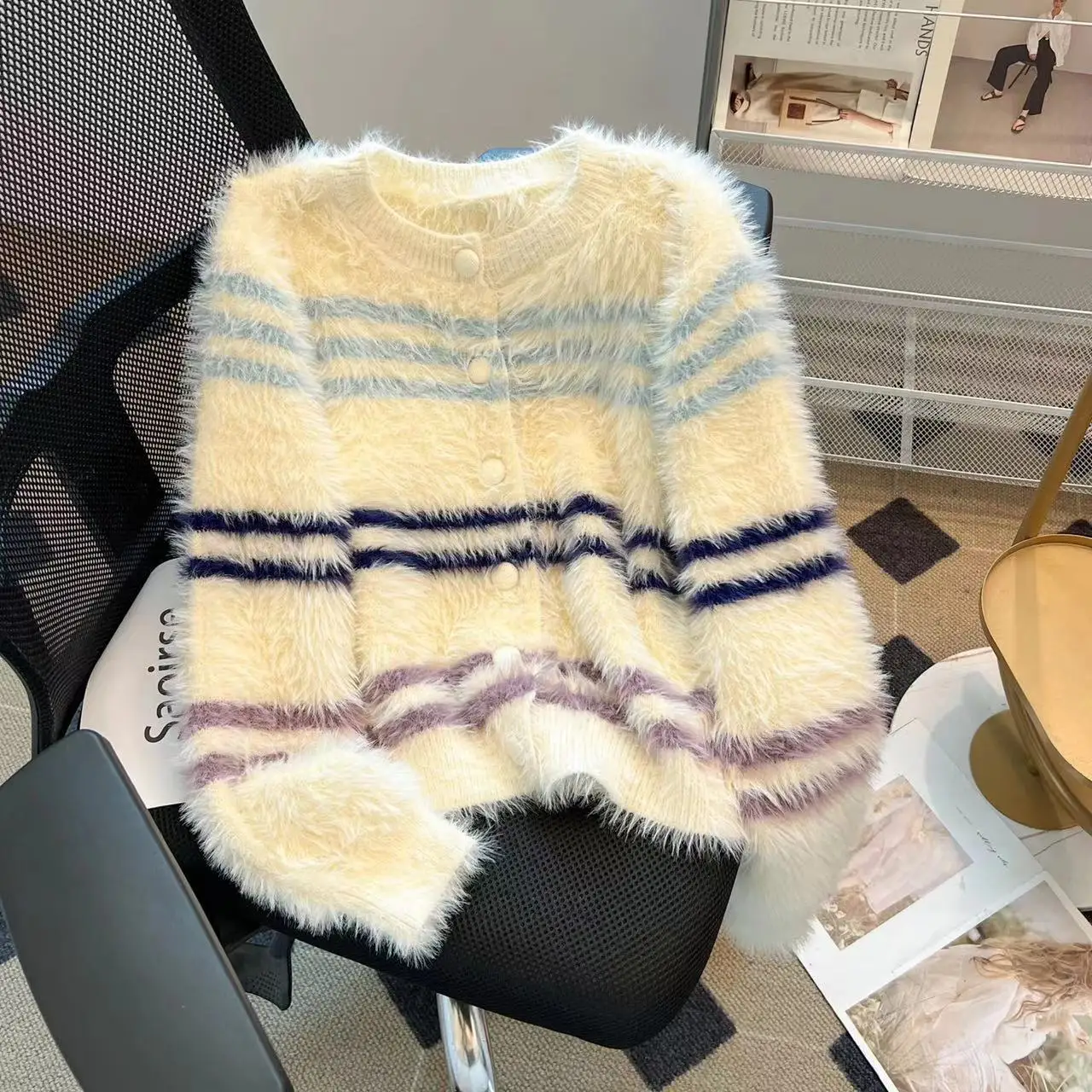 

~Color Game: Thick Faux Mink Fur Sweater With Loose Design, Lazy Style, Knitted Cardigan Jacket For Women