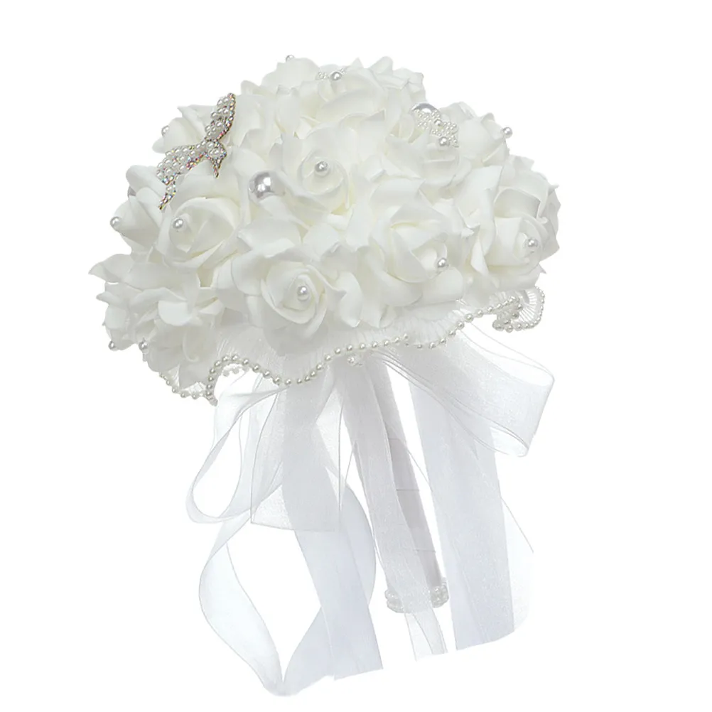 1-個パールブライダルブーケプレミアムリアルな人工結婚式の花の花束花嫁のためのロマンチックな装飾デスクトップ棚コーヒーテーブル