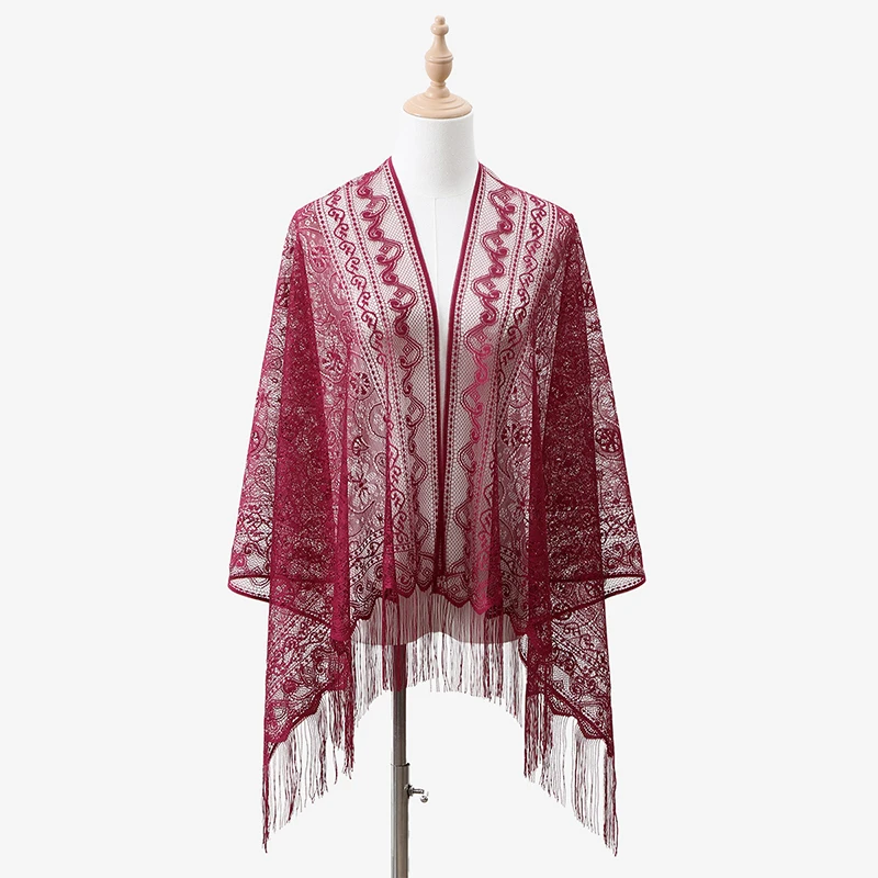 

New Summer Women Pure Color Lace Openwork Fringe Long Scarf Shawl Wrap Sunscreen Scarves Headscarf for Lady Veiled Jersey Hijabs