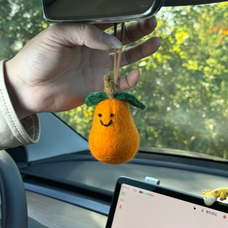 Japanese Cute Handmade Wool Felt Car Pendant Cute Fruit Grape/Orange/Cherry Rear View Mirror Charm Creative Car Interior Decor
