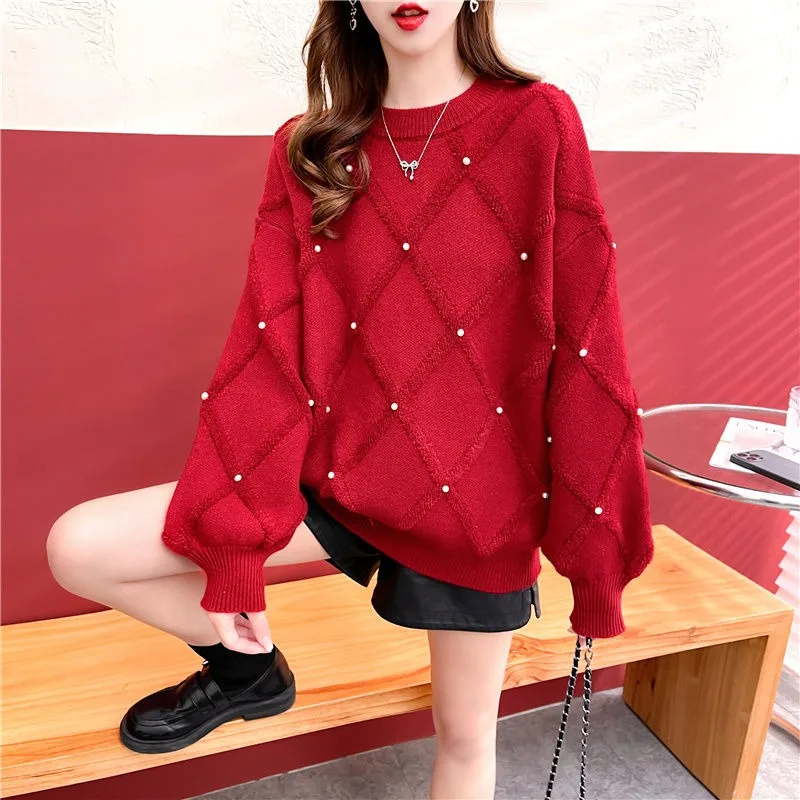 DAYIFUN Winter Autumn Sweater Female Vintage Women O Neck Nailed Bead Ringer Jumpers Loose Long Sleeve Knitted Pullover Top 2023