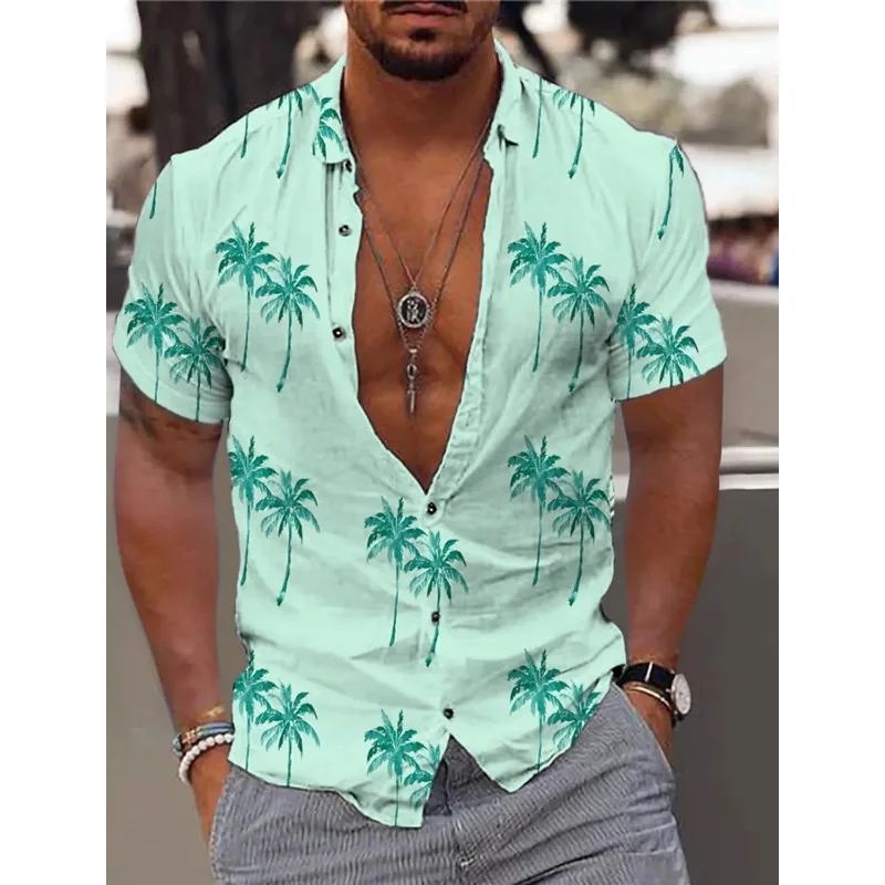 

Street Outdoor Harajuku Short Sleeved Button-Down Men's Clothing Coconut Tree Summer Hawaiian Shirts Unisex Palm Turndown