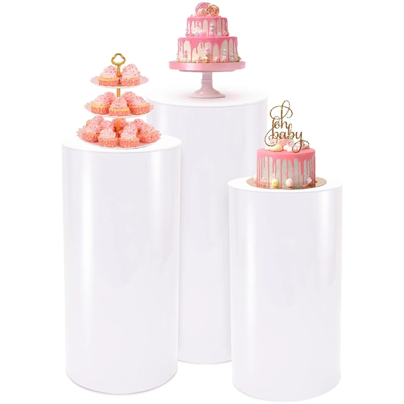 3Pcs Cylinder Pedestal Stand White Cake Plinths Backdrop for Party Wedding Decorations Holiday Birthday Decor Event Stand