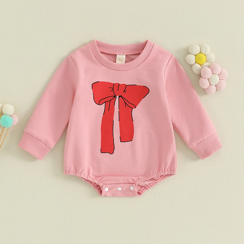 

Suefunskry Baby Girl Spring Fall Romper Cute Bow Print Long Sleeve Crew Neck Crotch Button Bodysuit Newborn Playsuit 0-18Months