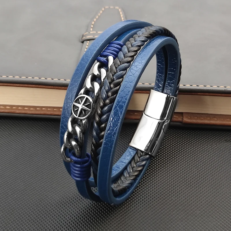 

Charm Blue Braided Leather Hexagram Bracelet for Men Stainless Steel Magnetic Clasp Punk Homme Bangles Classic Jewelry Gift