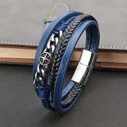 Charm Blue Braided Leather Hexagram Bracelet for Men Stainless Steel Magnetic Clasp Punk Homme Bangles Classic Jewelry Gift