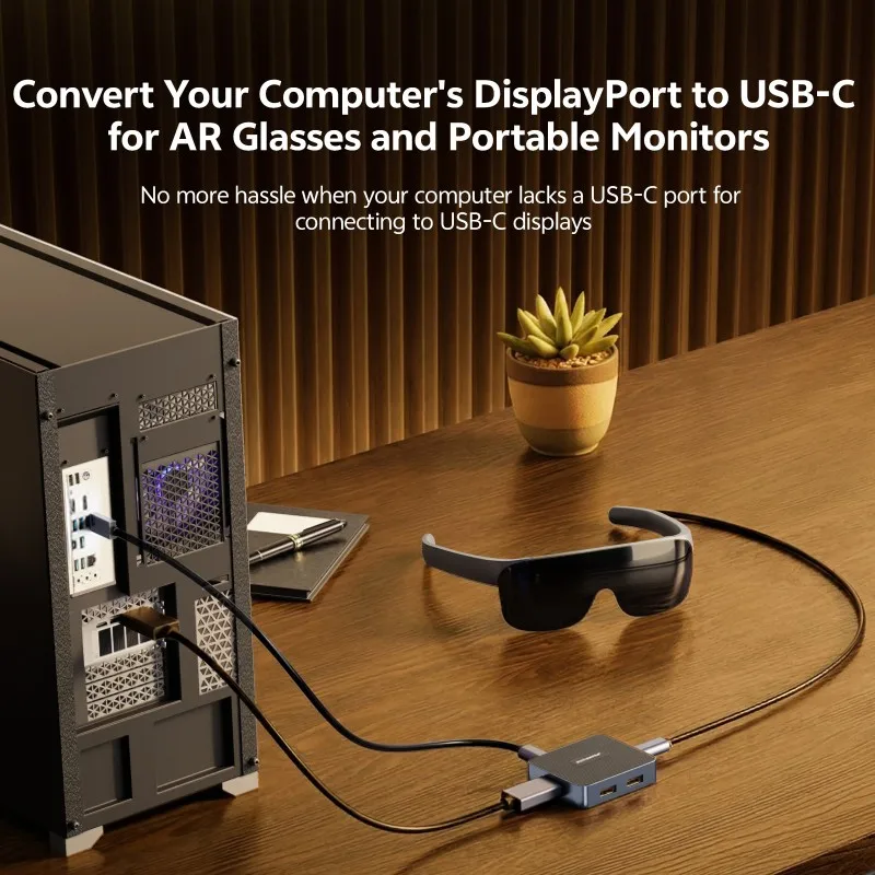 DP to USB-C Adapter for Portable Monitor & AR Glasses, Video Converter for Graphics Card to Type-C Display, with 5V Power & USB