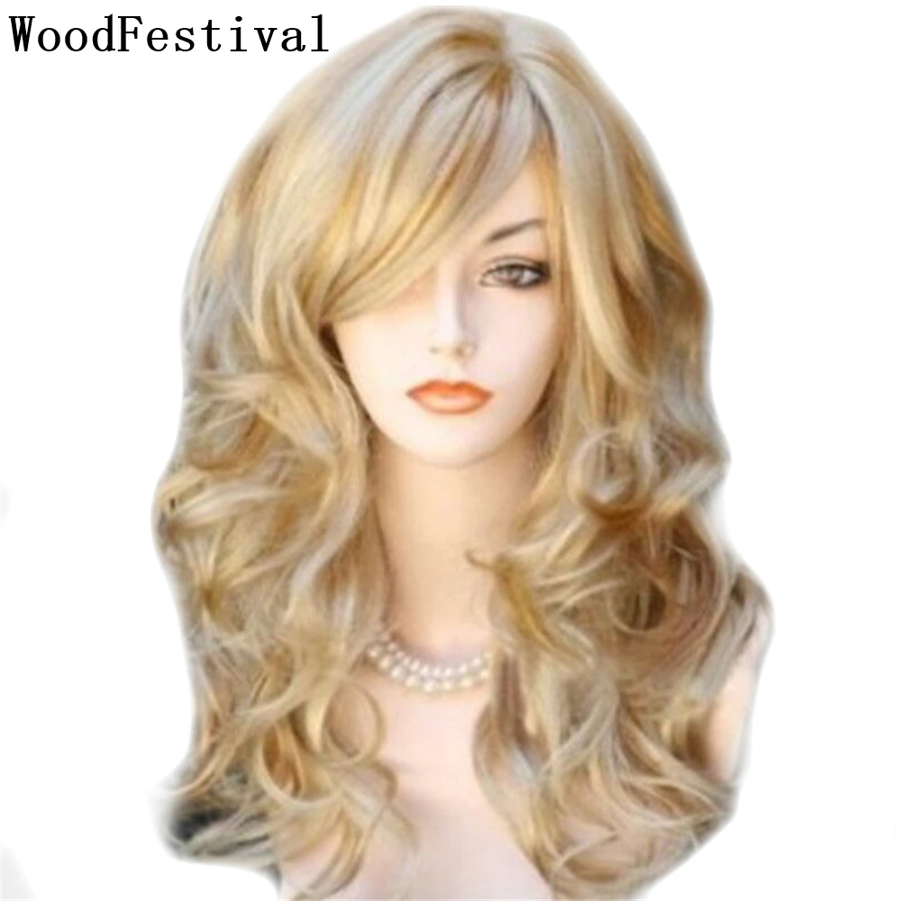 Synthetic Hair Blonde Cosplay Wig With Bangs Wavy Female Korean Wigs For Women Heat Resistant Holiday Wig Long Burgundy Red