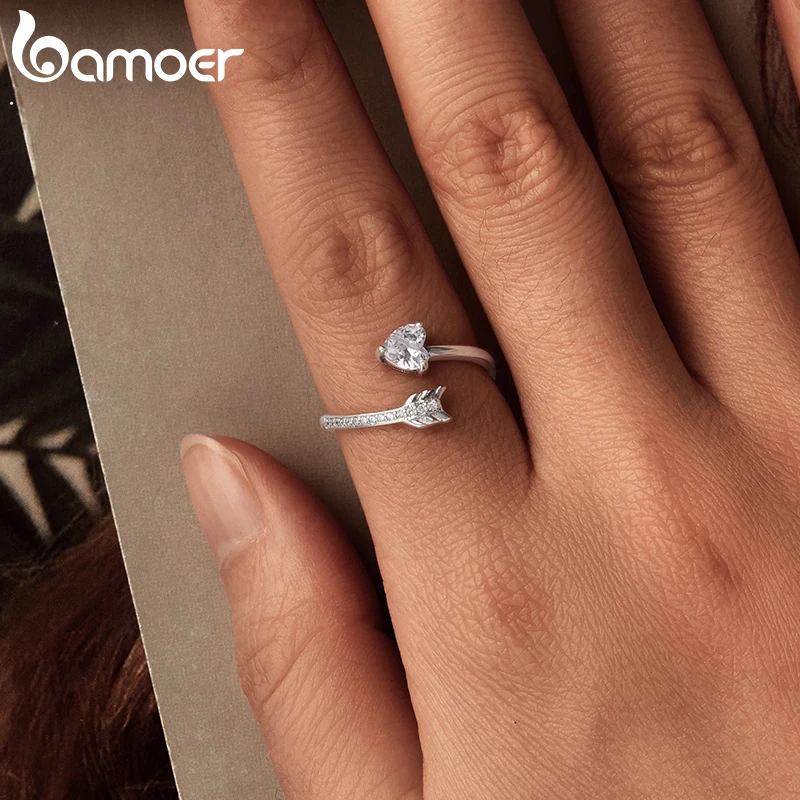 

Bamoer Love Arrow Open Ring 925 925 Sterling Silver Adjustable Heart Zircon Ring Women Unique Arrow Design