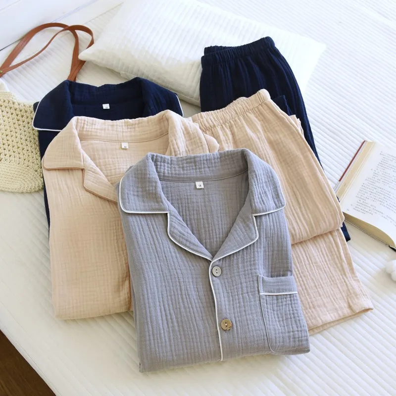 Spring and Autumn Three-Layer Pure Cotton Flannel Japanese Soft Long Sleeve Men's Wrinkle-Free All-Cotton Plus-Size Homewear Set