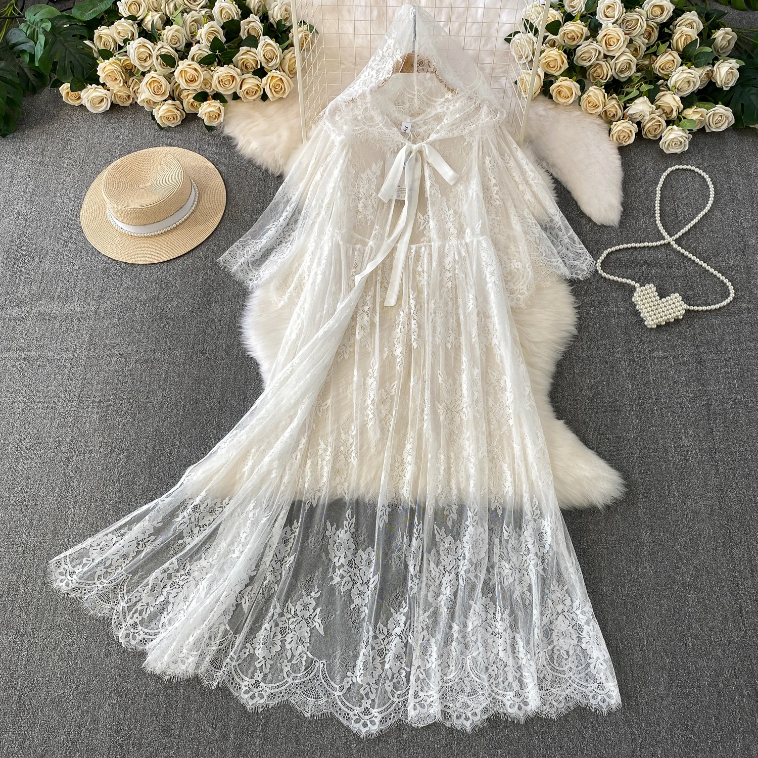 

Female Fairy Sweet Beach Holiday Bikini Covers Women Sunproof Lace Hooded Cardigan Open Stitch Lady Thin Sheer Hotsweet Jackets