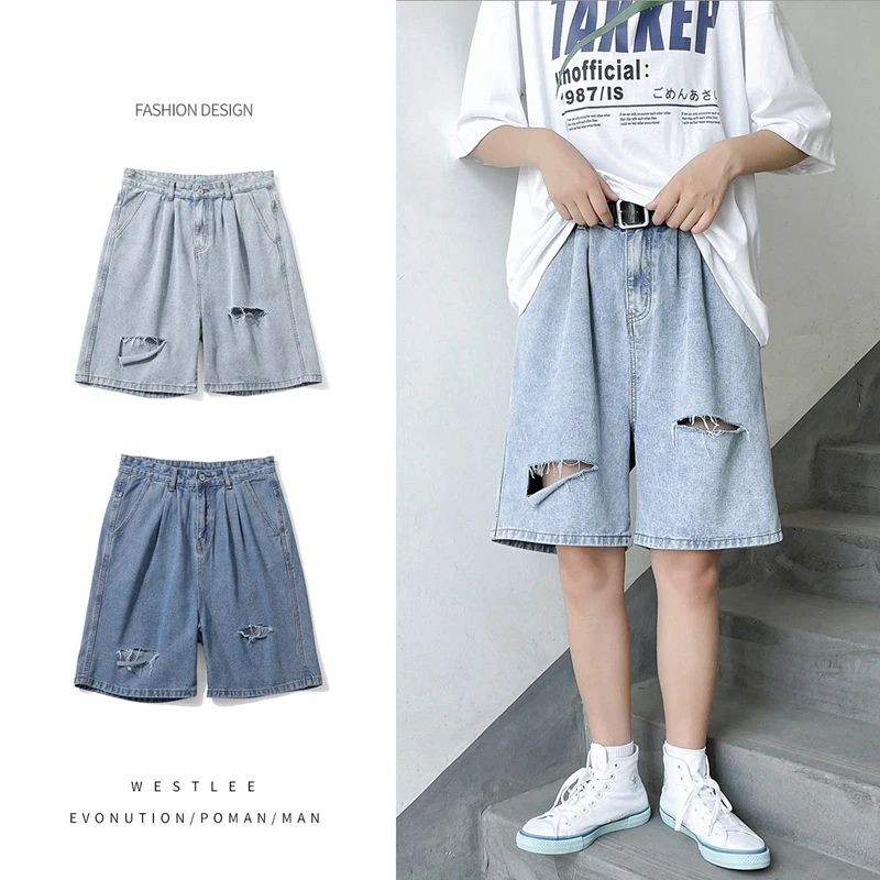 

Летние шорты 2025 года, мужские рваные уличные модные свободные джинсы, прямые широкие повседневные мягкие джинсовые шорты с дырками, мужские