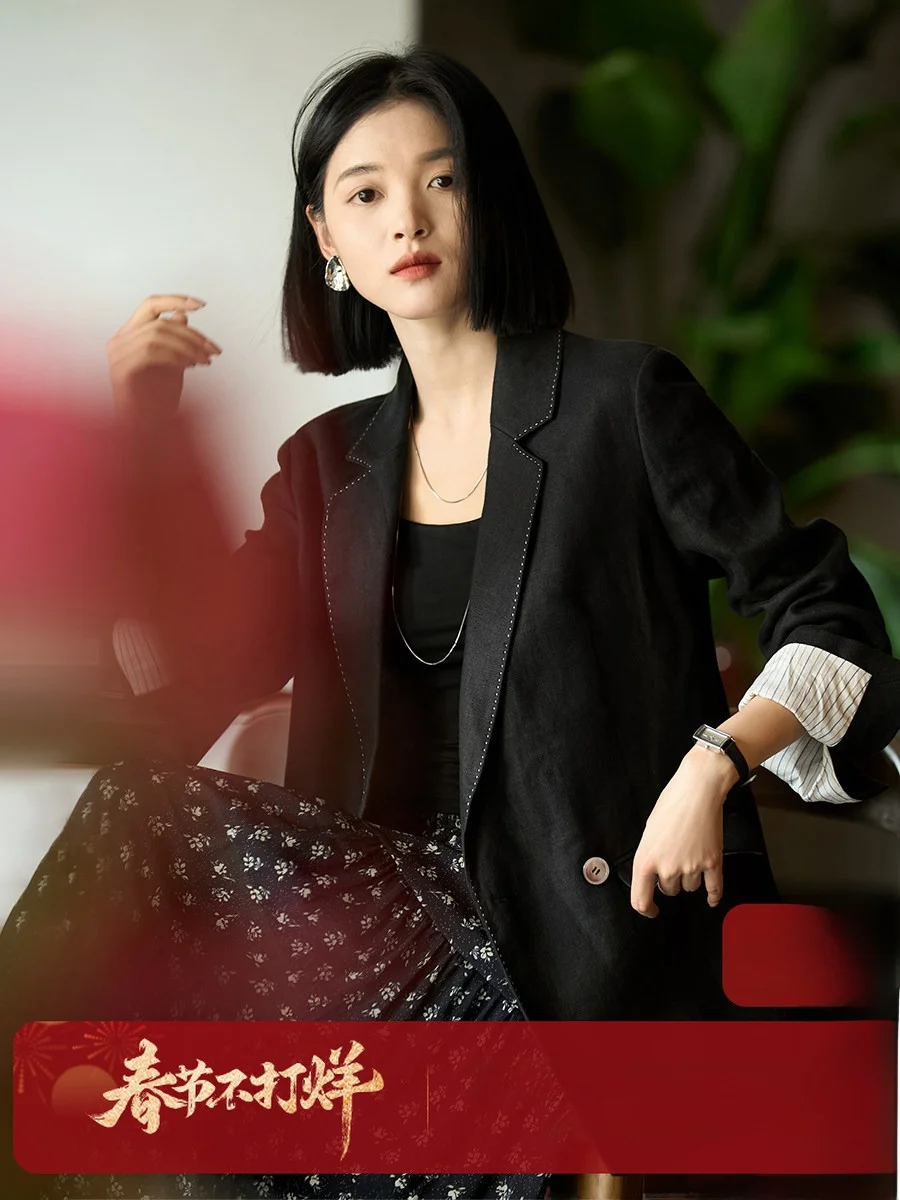 

Carbon Fiber Linen Suit Jaet Women's Loose Fit Bla Casual Commute Sle Button ket Design Breathable Long Sve Coat