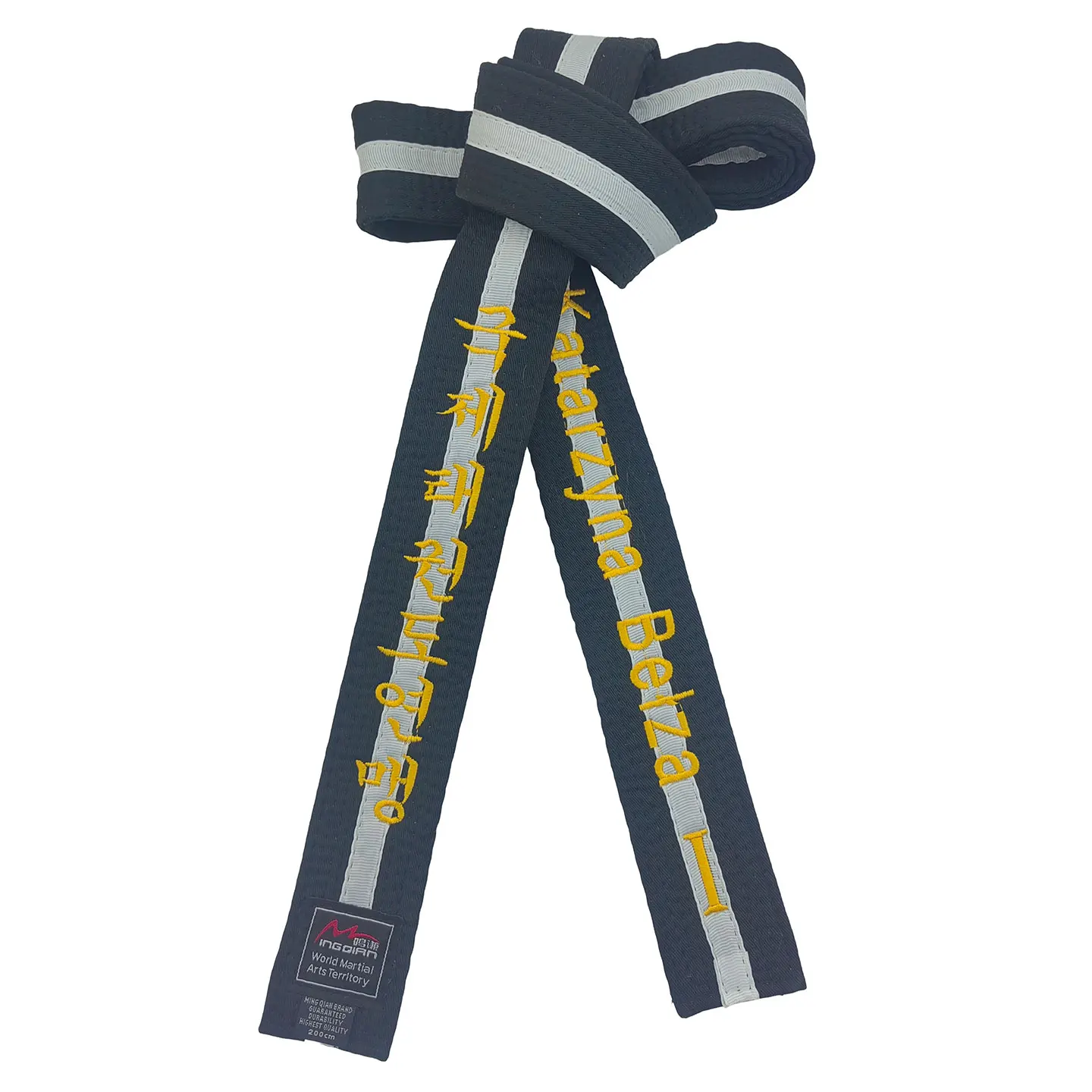 ITF Taekwondo Black Belt Embroidery Custom Junior Competition Black Belt with Full White Stripe 5cm Wide 160cm to 240cm