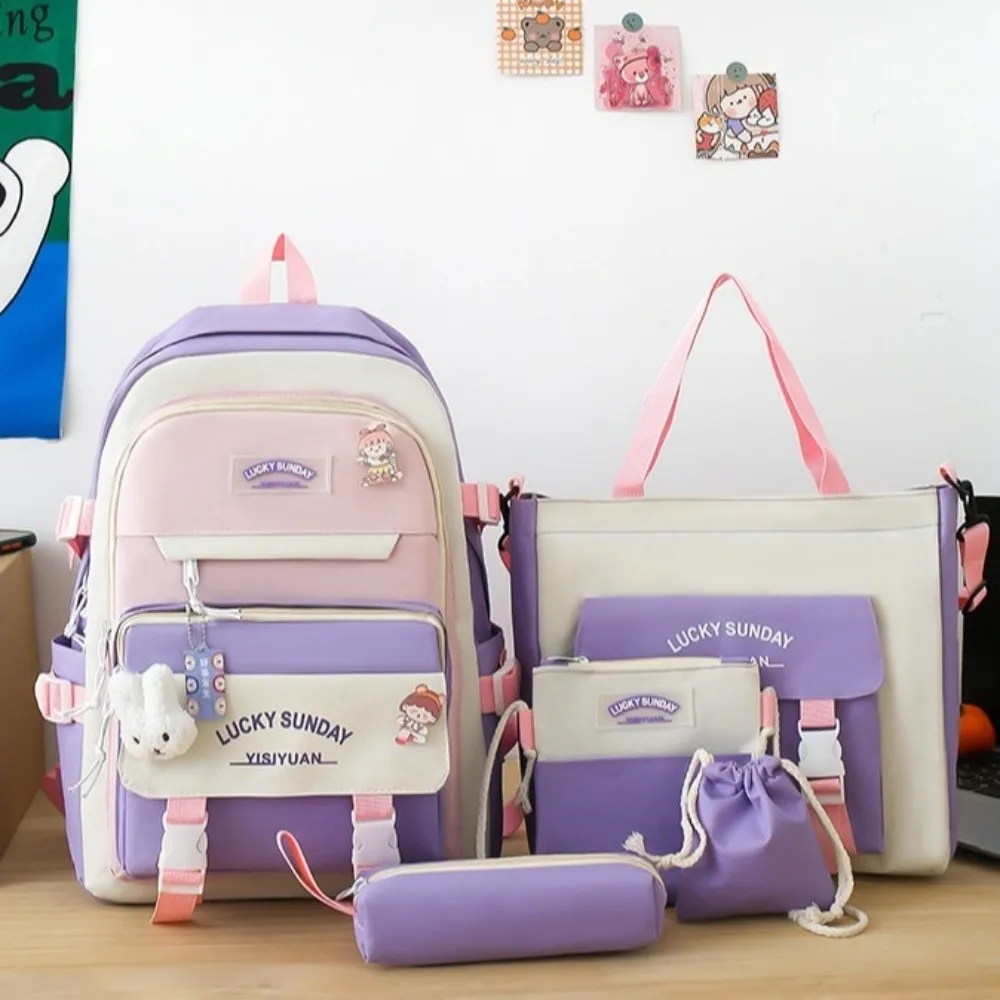 5 Pcs Cute Large Capacity Backpack Set Breathable Buckle Student Schoolbag Multifunctional Crossbody Bag School