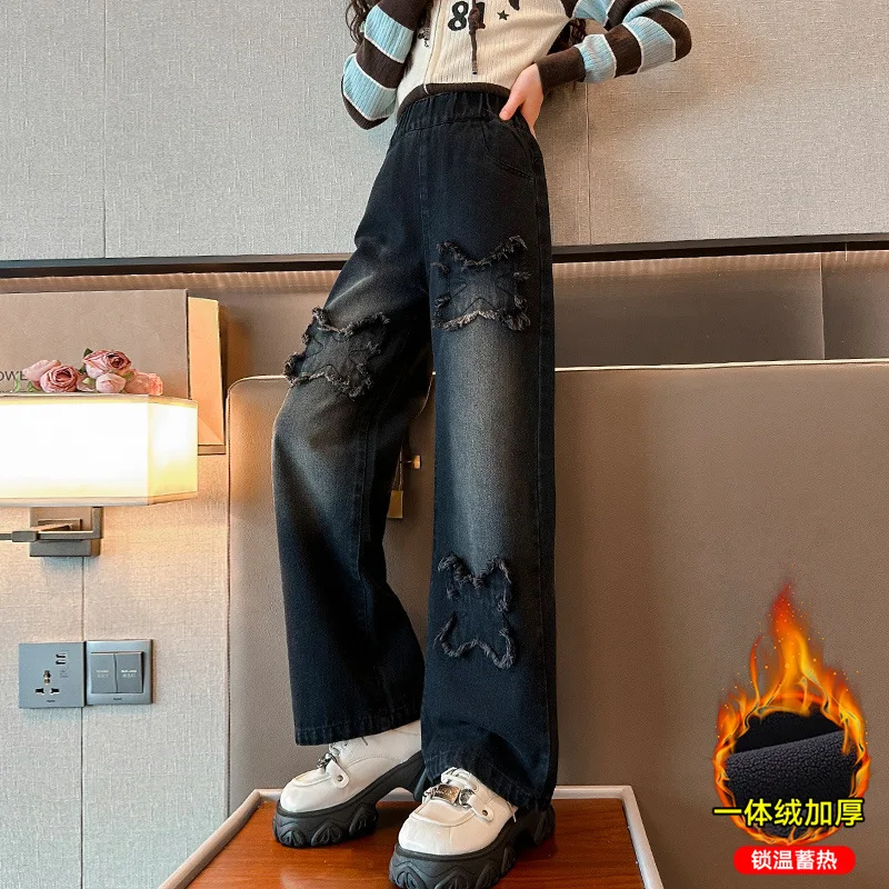 New Winter Kids Girl Thermal Jeans Pants with Butterfly Children Girls Black Grey Color Thick Warm Jeans Trousers For Teenagers