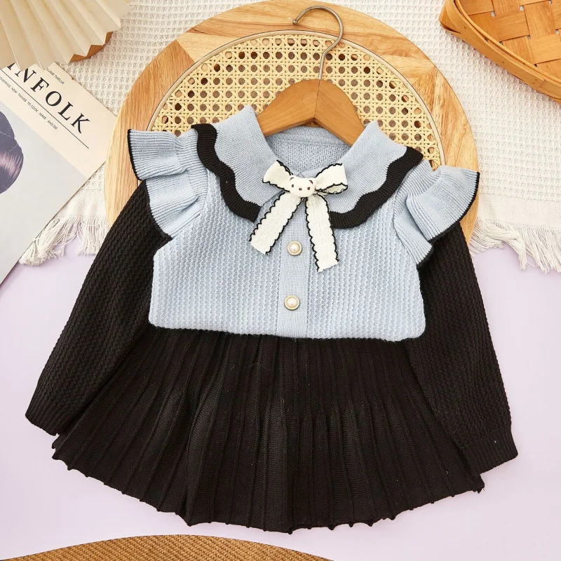 

Children's Outfit New Autumn Winter Girls' Elegant Bowknot Small Flutter Sleeve College Style Knitted Sweater and Short Skirt Tw