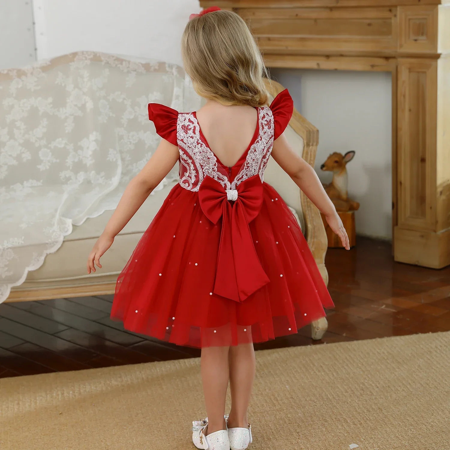 Toddler Girls Red Christmas Princess Dress Cute Baby Girl 1st Birthday Party Tutu Gown Newborn Backless Bow Girls Xmas Costume