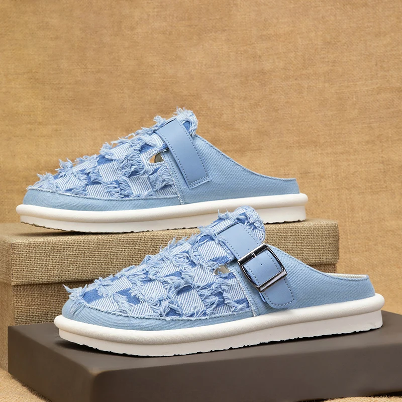 

Summer Blue Half Shoes For Men Classic Buckle Designer Shoes Men Casual Slippers Comfy Breathable Men's Canvas Shoes Big Size 47