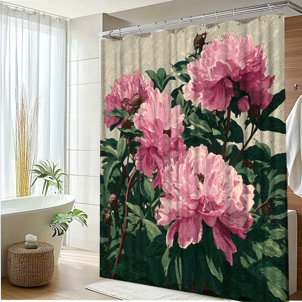 

1 шт. Элегантная занавеска для душа с цветочным принтом — декор для ванной комнаты с розовыми пионами и зелеными листвами, удлиненная 70x70 дюймов, в комплект входит 12 крючков