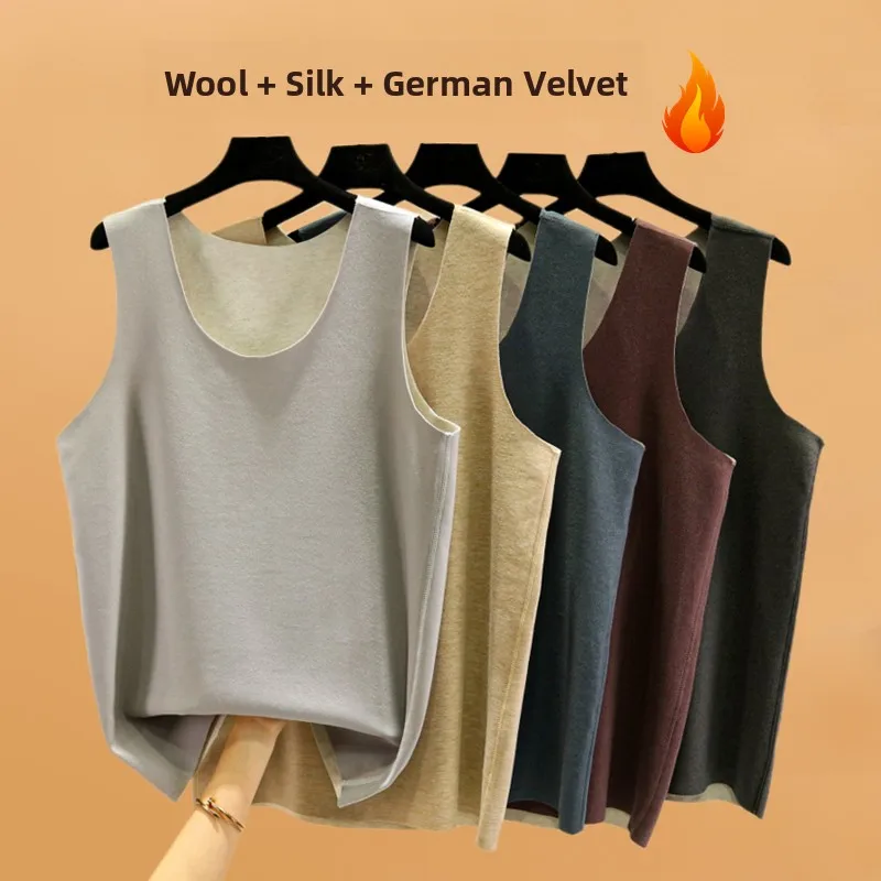 Men's Thickened Woolen Silk Thermal Vest Seamless Fleece Lined Base Layer Shirt Close Fit Autumn Winter Warm Top