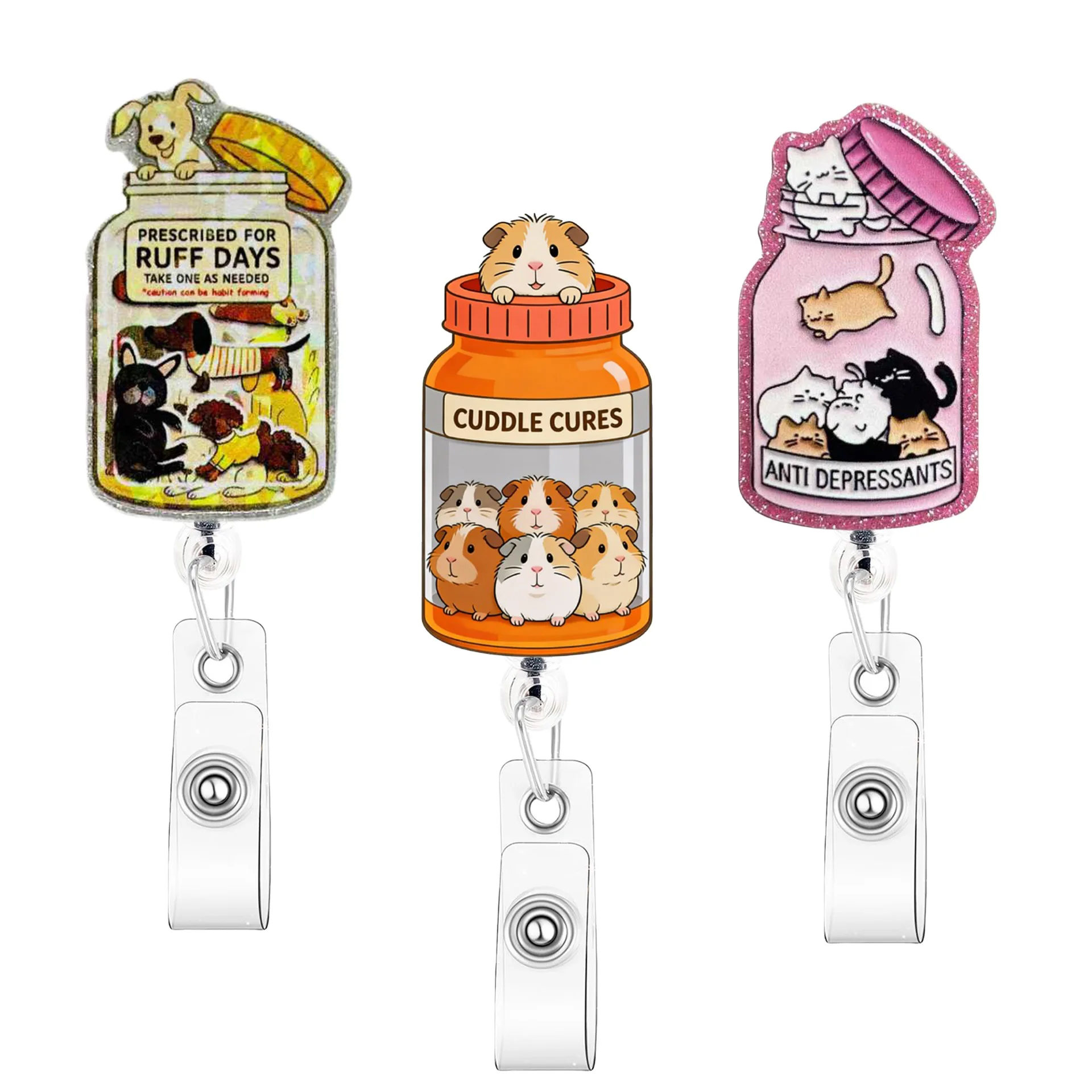 2026 New Design 1 Piece Shiny Acrylic Anime Cat Dog Pet Bottle Retractable Nurse Badge Reel Student Doctor ID Card Holder