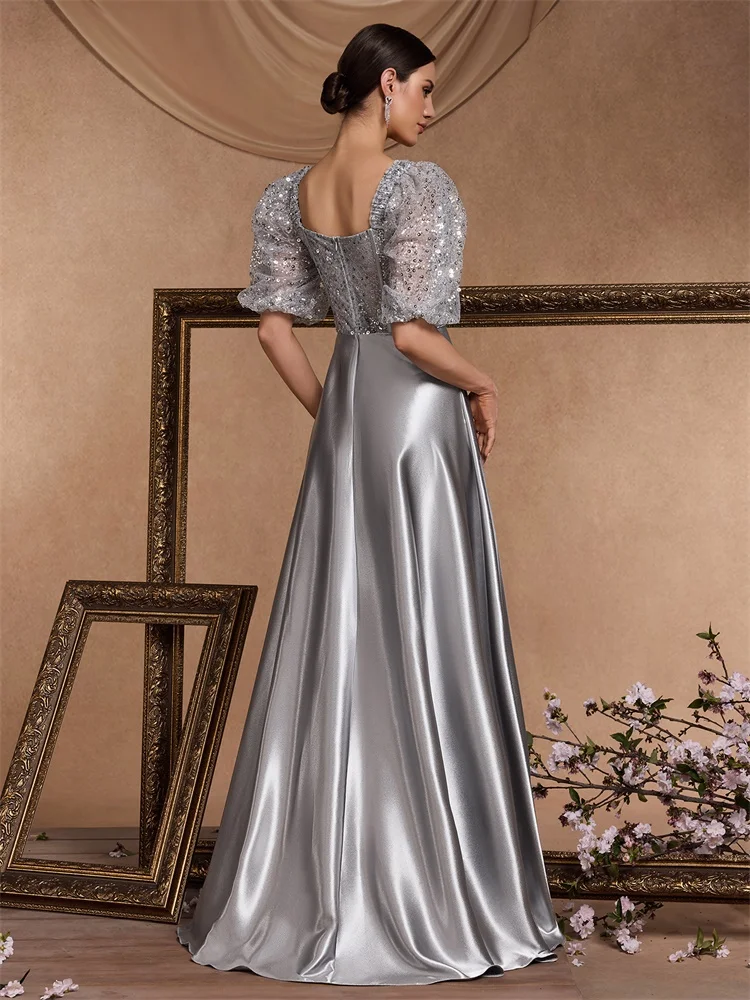 Lucyinlove Luxury Grey V-Neck Sequin Evening Dress Elegant Women Splice Party Satin Maxi Short Sleeve Gown Cocktail  Prom