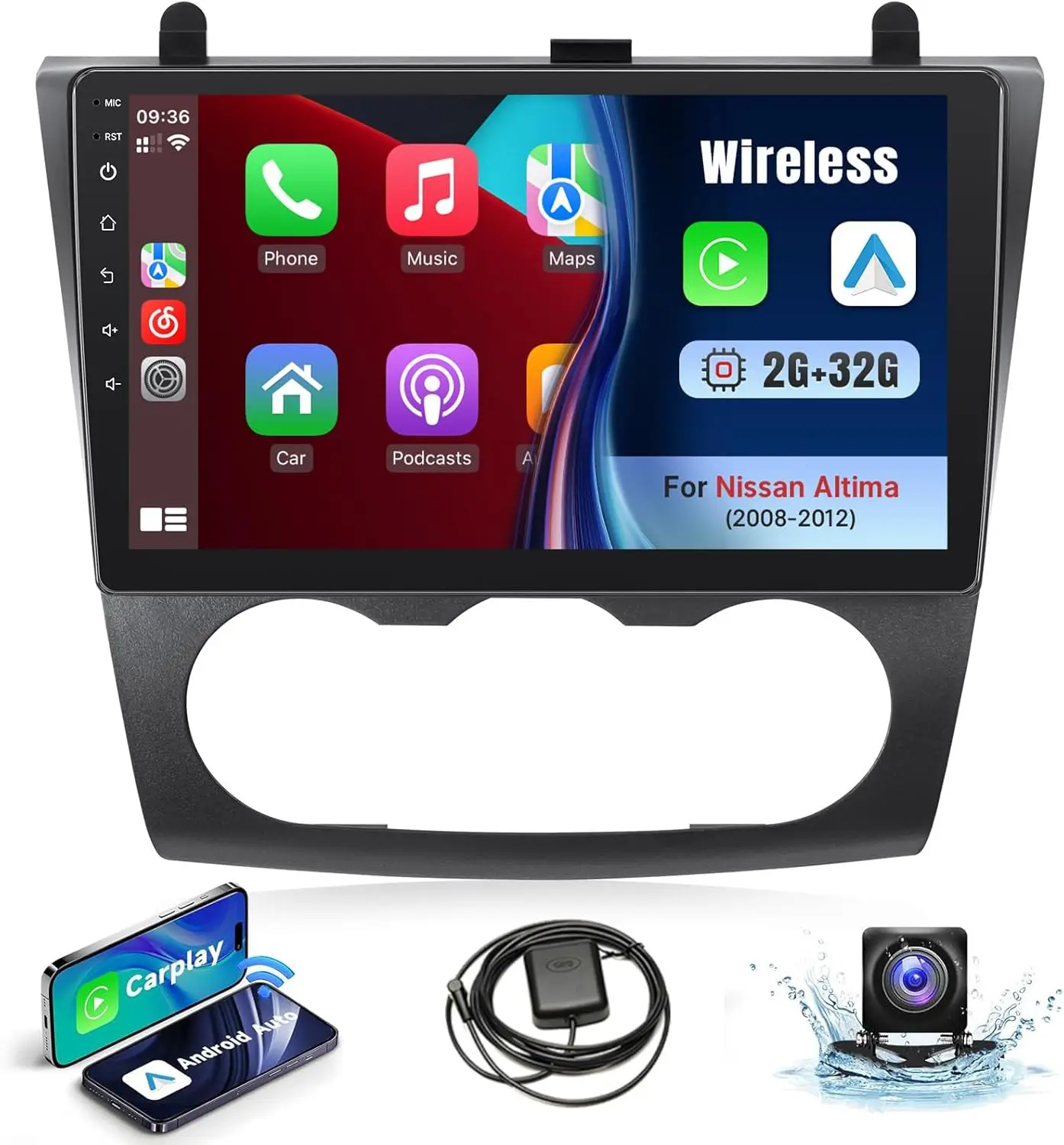 

Car Stereo Radio for Nissan Altima 2008-2012 Wireless CarPlay Android Auto 9" Touch Screen Car Audio Receiver FM Backup Camera