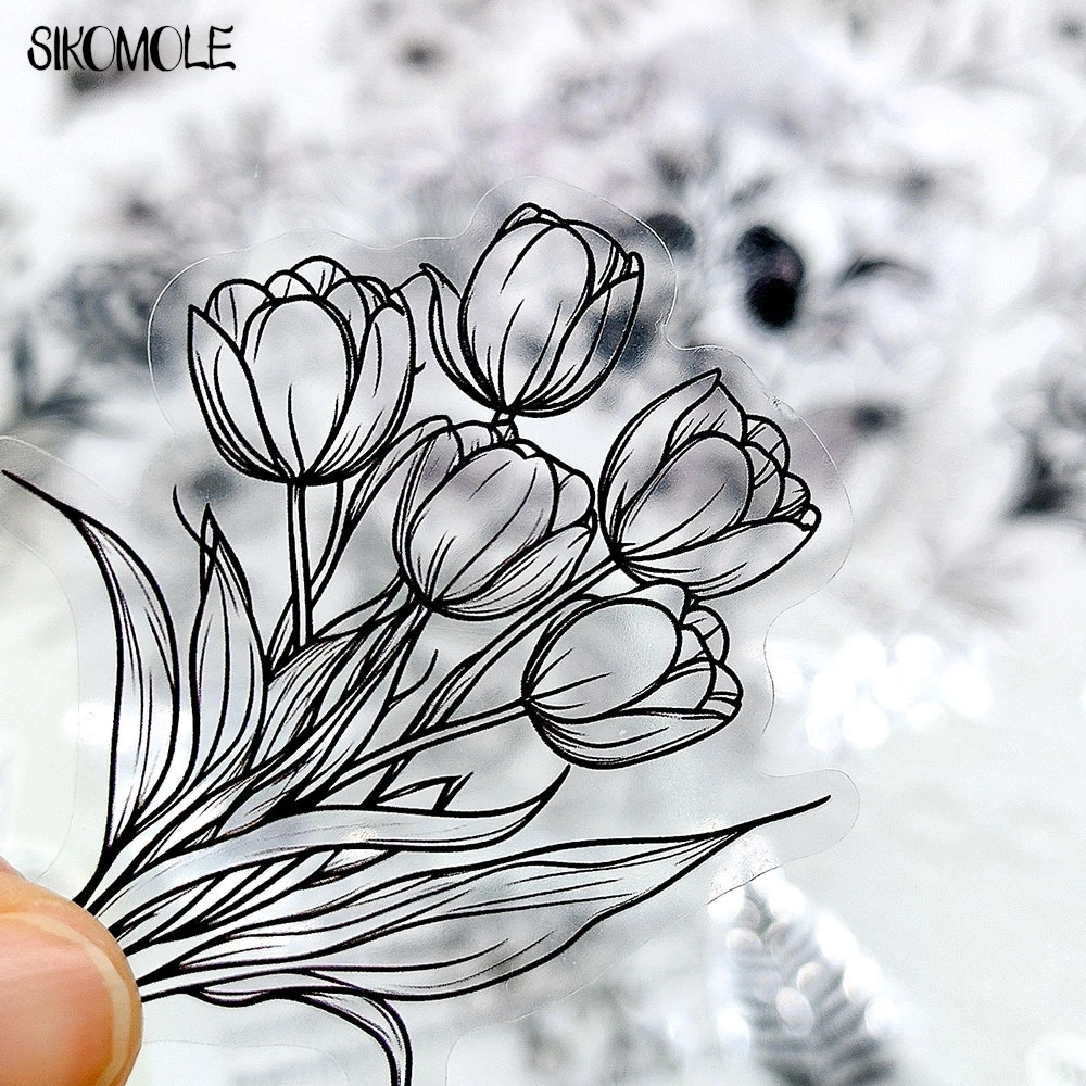 50PCS สีดําและสีขาวพืชโปร่งใสหมึกดอกไม้ Graffiti หนังสือสติกเกอร์ INS DIY ไดอารี่ตกแต่งบัญชีสเก็ตบอร์ดสติกเกอร์