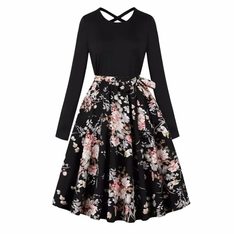 

Elegant style long sleeved round neck floral print knee length bow waistband casual party base A-line dress