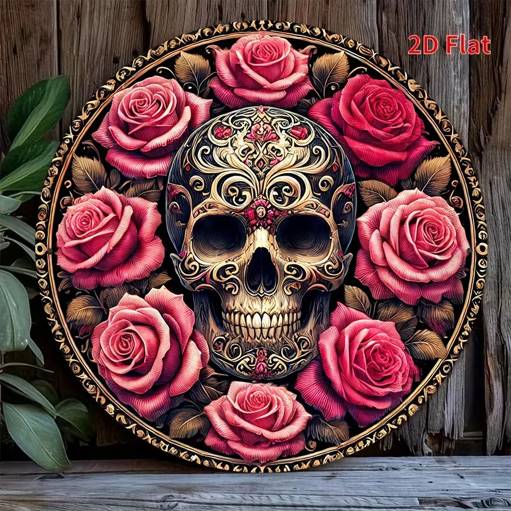 Panneau en bois circulaire plat 2D, panneau décoratif rétro lié aux roses et aux crânes, panneau décoratif mexicain pour la Journée des morts