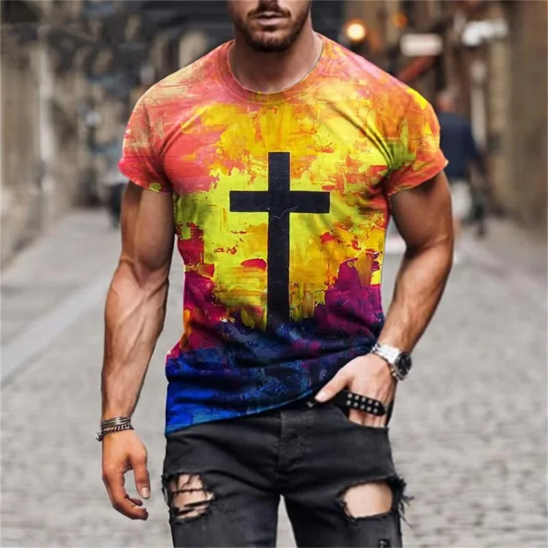 

Яркие цветные футболки с христианским крестом по всей поверхности для мужчин, повседневная мужская футболка с коротким рукавом, уличная одежда, новая мужская футболка