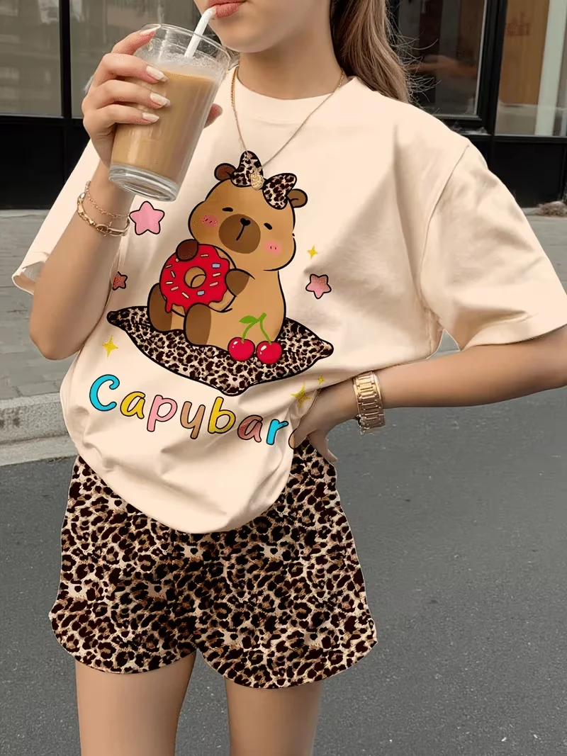 Girls Short Sleeve Crew Neck T-Shirt + Shorts Set Cute Capybara Print Casual Playwear Kids Daily Outfit Ages 1-14