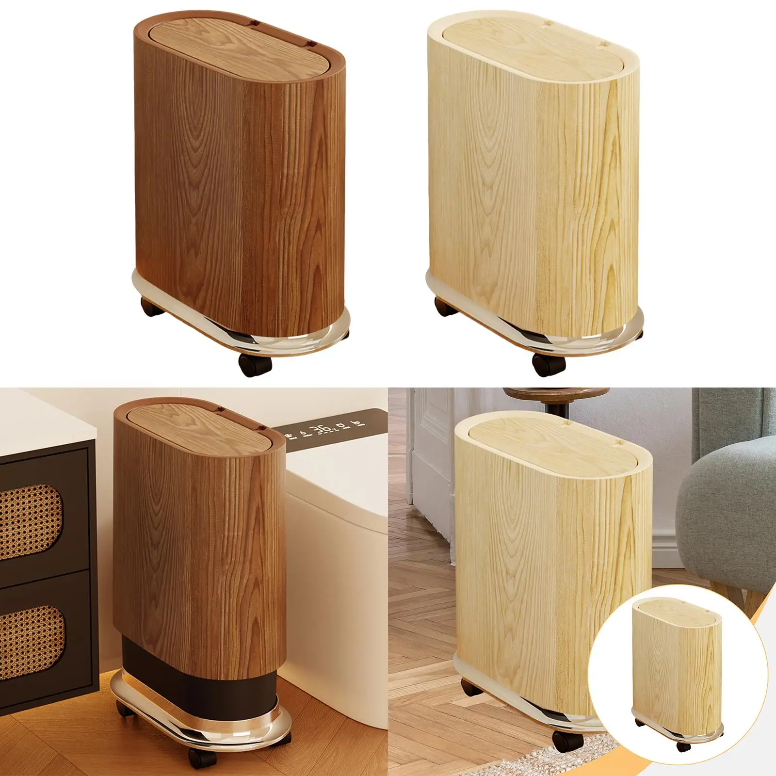 

Trash Bin with Removable Wheels Rubbish Basket Sealed Lid Space Saving Waste Bin, Trash Can Garbage Can for Home, Bathroom