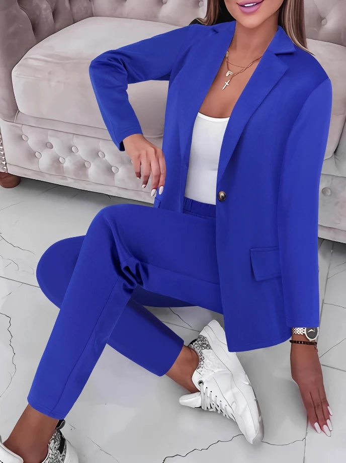 

Pants Set Women 2024 Spring Leisure Commuting Style Solid Color Long Sleeved Lapel Suit Top Slim Fit Small Leg Pants Suit Set