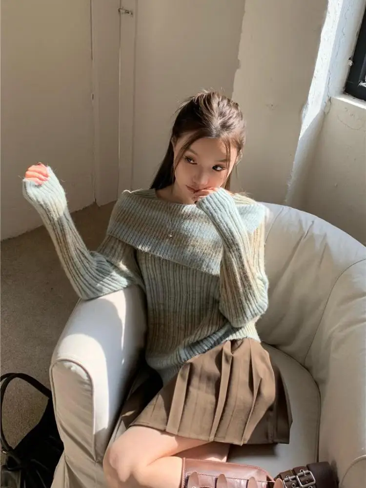 Tonngirls Korean Style Sweater Women Off Shoulder Warm Cashmere Tie Dye Pullovers Grunge Fairycore Jumpers Streetwear Winter