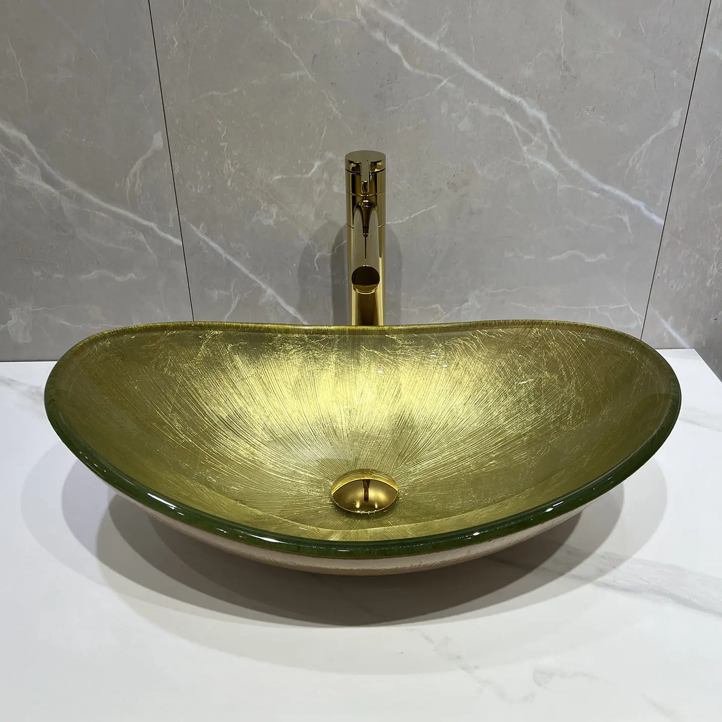 

Овальная раковина из закаленного стекла с золотистой текстурой, художественная раковина для ванной комнаты
