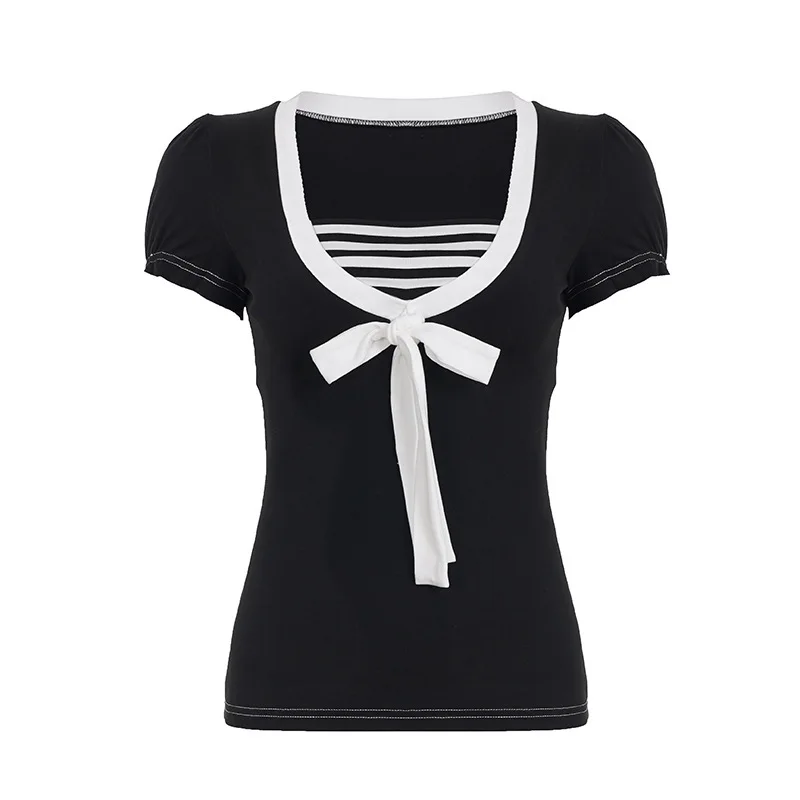 College style contrasting color striped bow patchwork short sleeved sweet age reducing waist cinching temperament T-shirt
