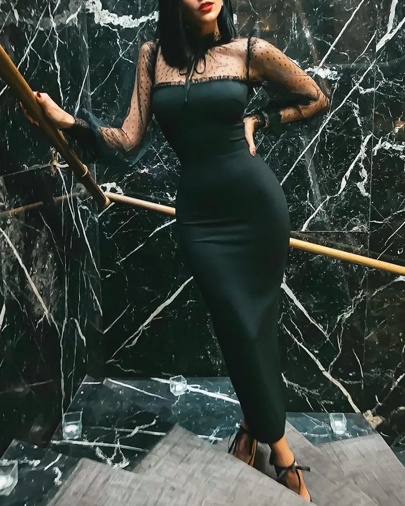 Women Solid Elegant Long Sleeves Mesh Patch Casual Round Neck Maxi Sexy Formal Party Black Dresses