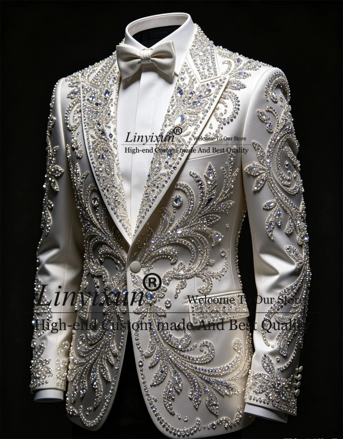 

Luxury Ornament Diamond Men Suit Customized Beaded Groom Male Prom Blazers 2 Pieces Sets Wedding Party Slim Fit Costume Homme