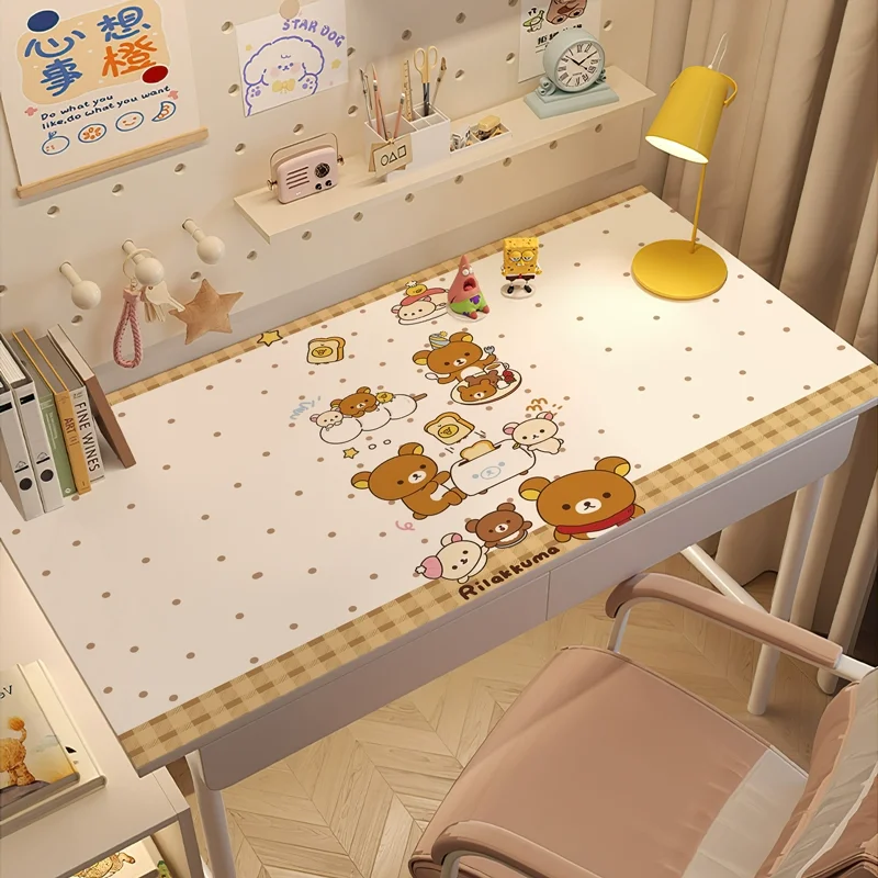 Kawaii Rilakkuma Cartoon PU Leather Desk Mat | Creative Waterproof Dining Table Pad for Student Dorm, Cute Study Desk Protector